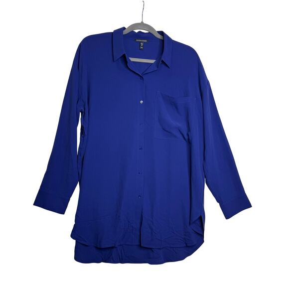 Eileen Fisher Blouse Women's Medium 100% Silk Oversized Blue Long Sleeve Buttons - Picture 1 of 5